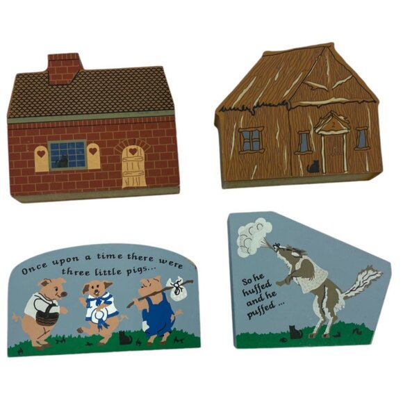Three Little Pigs Wood Shelf Sitters The Cats Meow Village 1997 Vintage -Retired - Picture 2 of 16